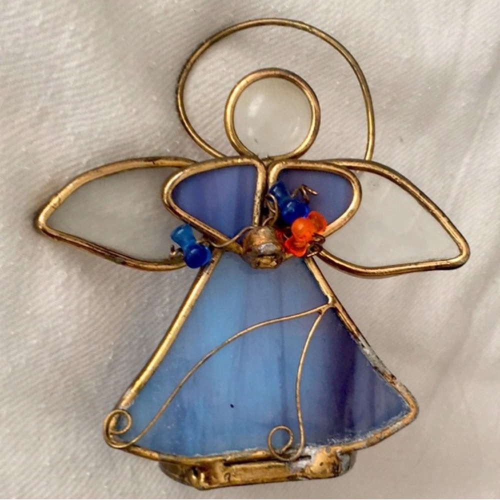 Handmade Stained Glass Angel Tea Light Candle Holder Blue Brass Metal 4”